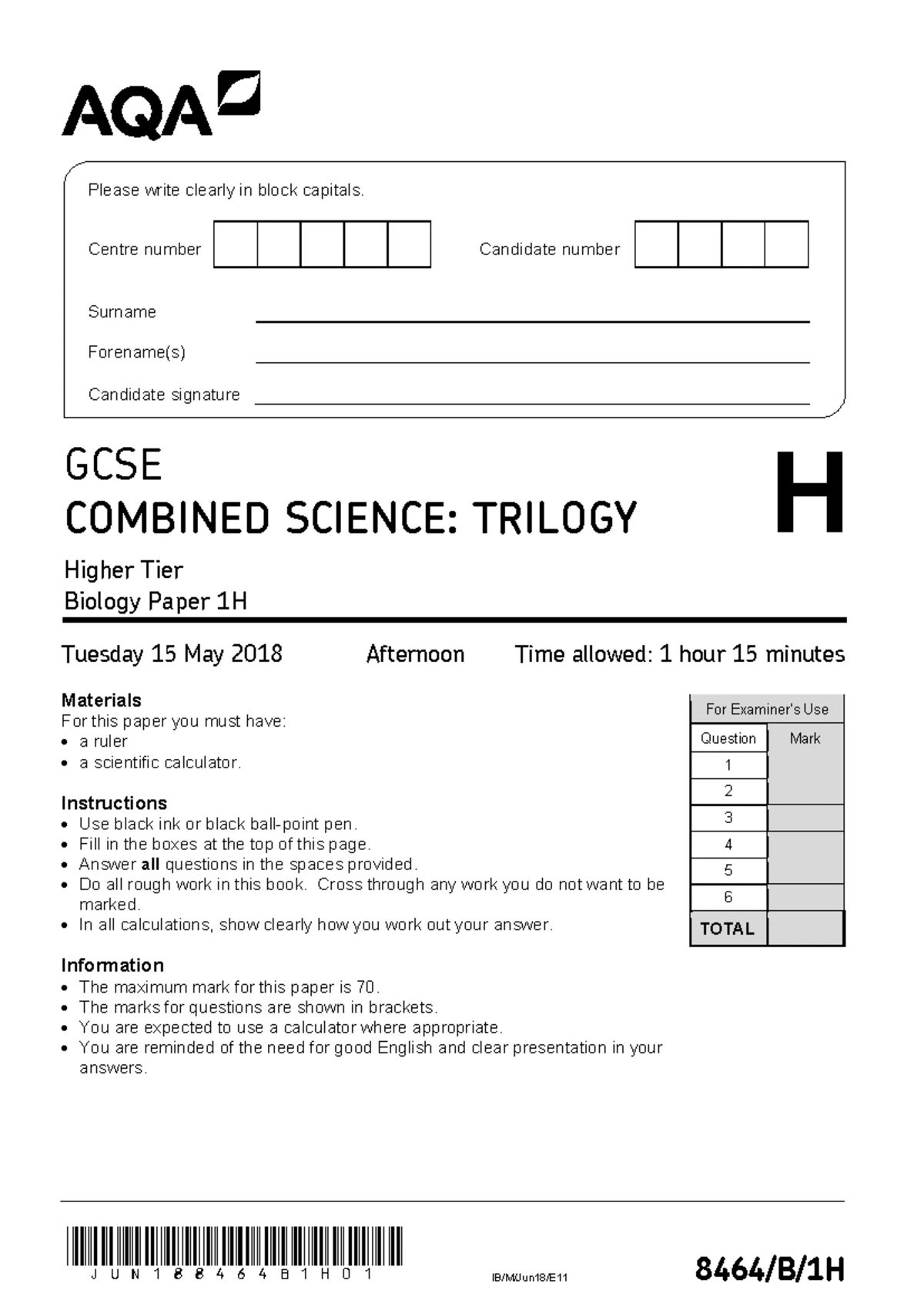 AQA-84641 GCSE Combined Science: Trilogy B1H Specimen Paper 1 Practice ...