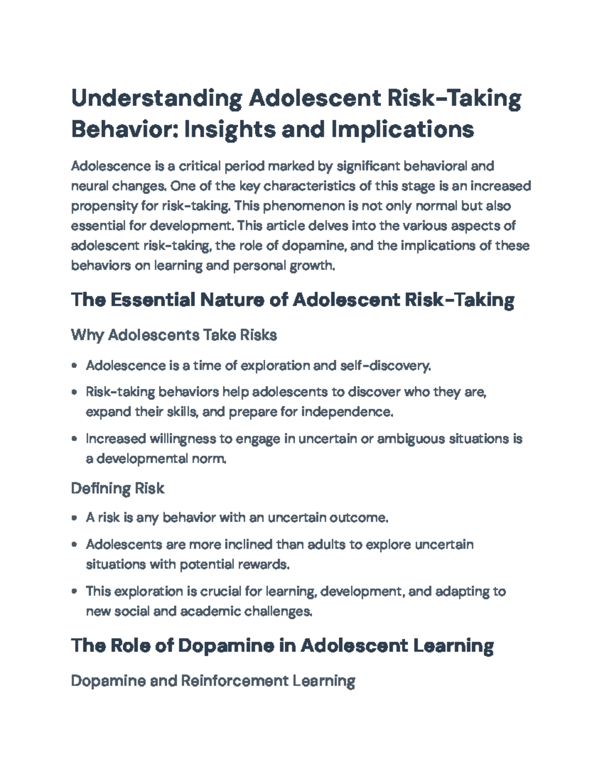 Understanding Adolescent Risk-Taking: Insights and Implications (PSY ...