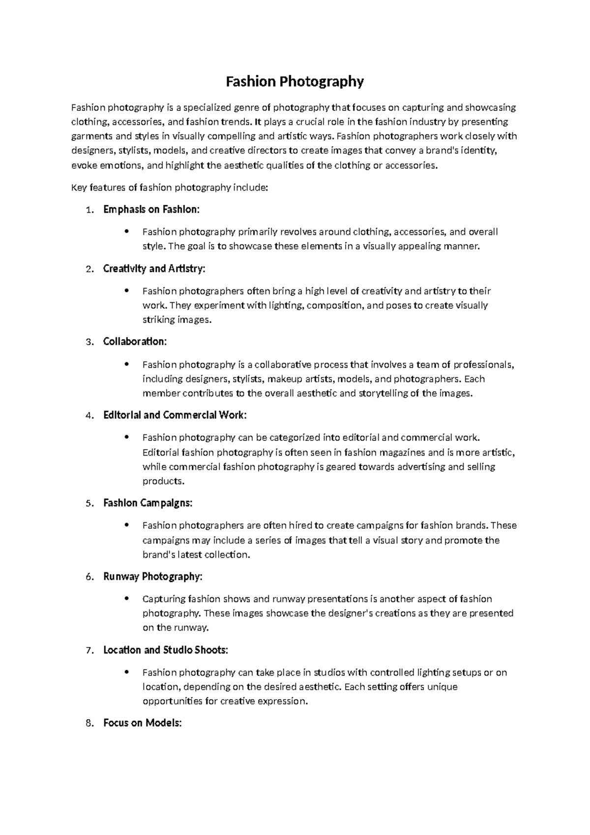 Fashion Photography - Comprehensive Study Notes and Key Concepts - Studocu