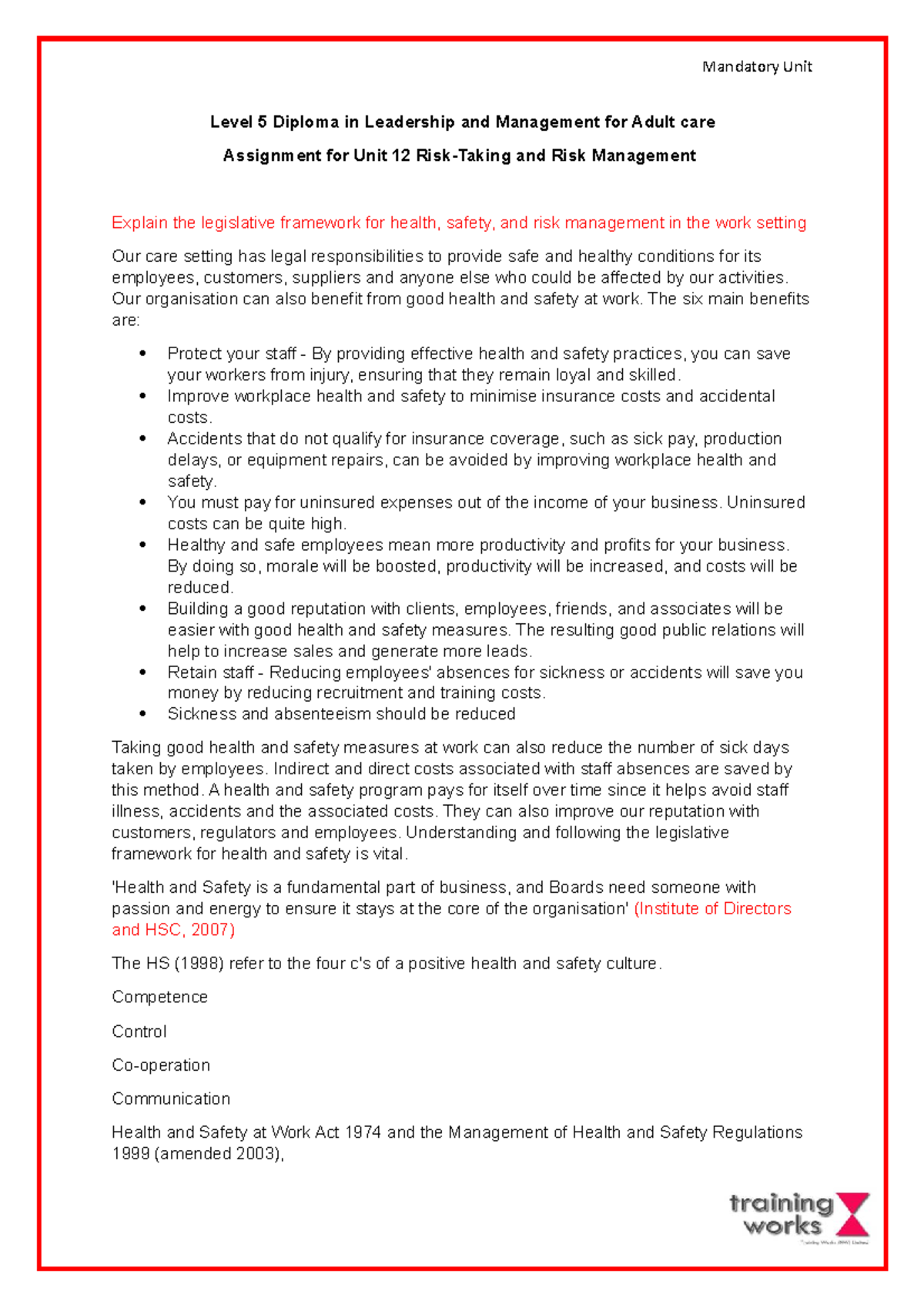 Unit 12 - Understanding Risk Management in Adult Care Settings - Studocu