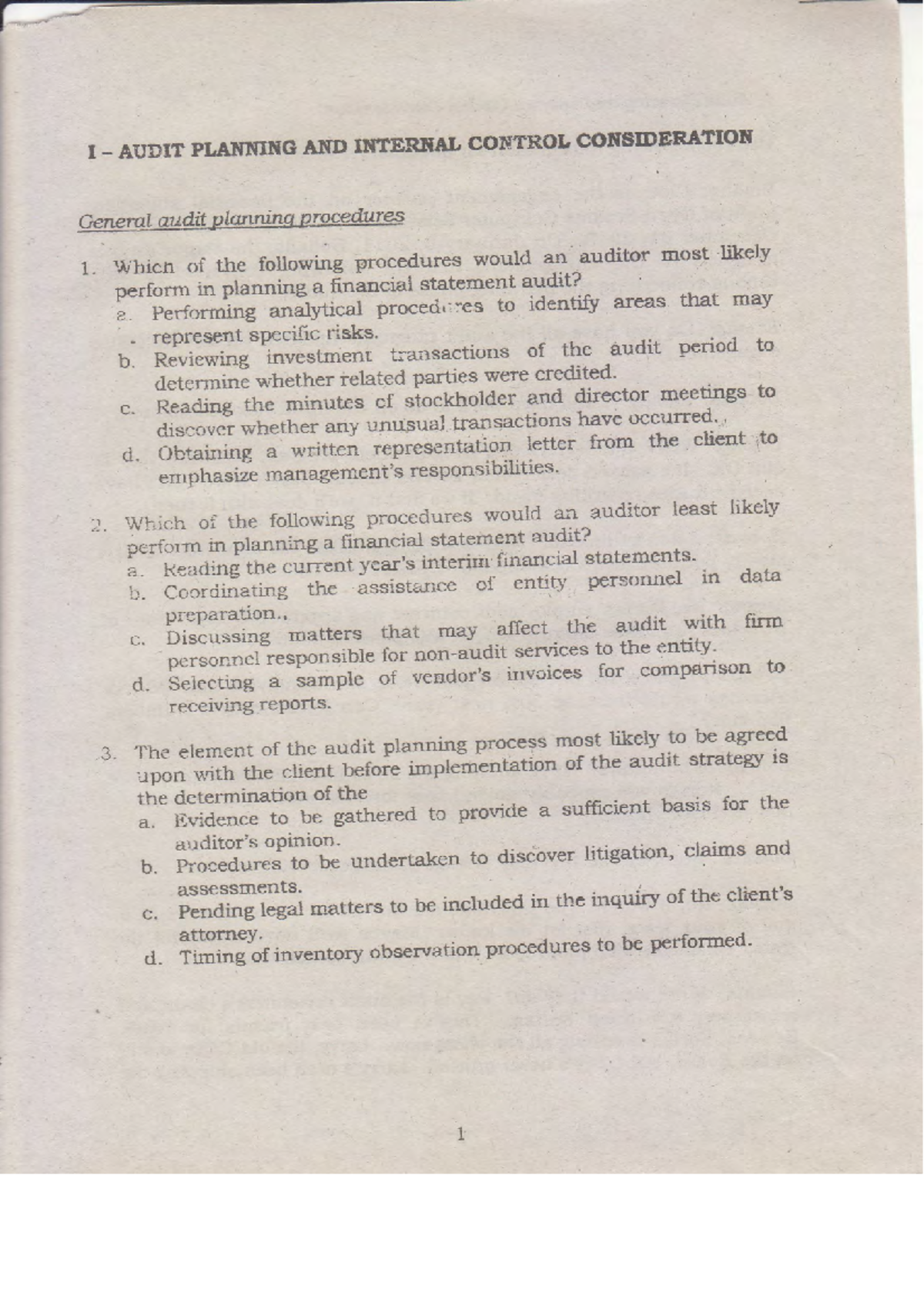 I AUDIT PLANNING AND INTERNAL CONTROL CONSIDERATIONS: Key Procedures ...