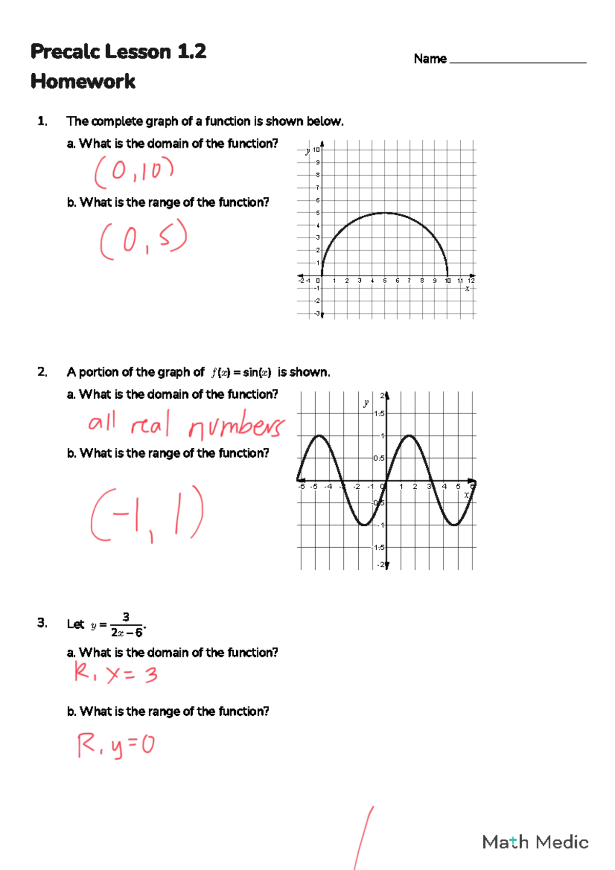Functions - Assessment - Precalc Lesson 1. Homework Name ...