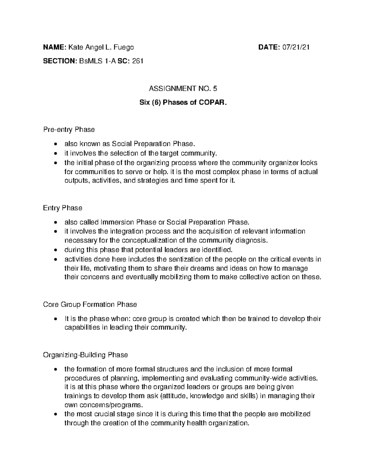 ASSIGNMENT NO. 5 Six (6) Phases of COPAR. - BS Medical Laboratory ...