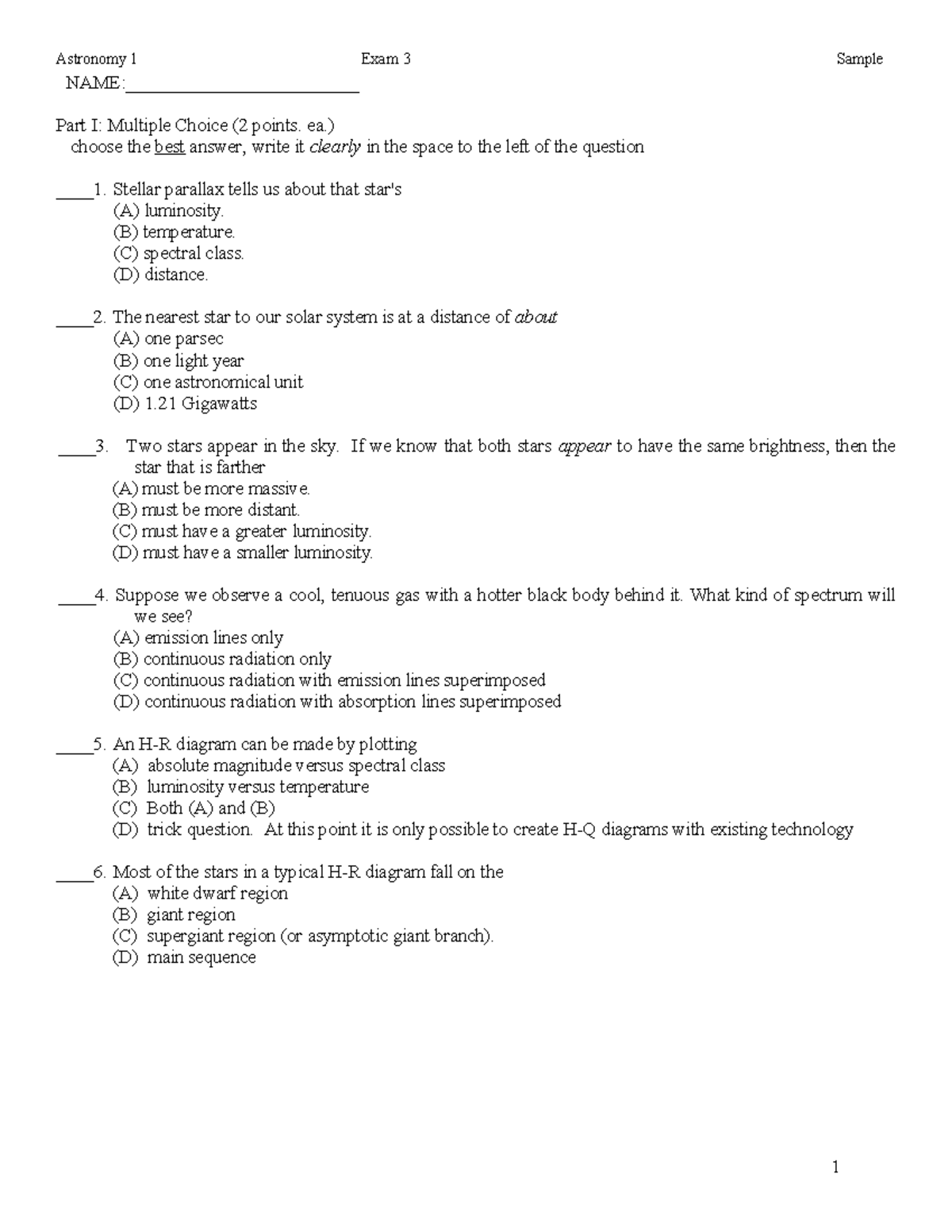 A1 Exam3 sample - for practice - NAME:_________________________ Part I ...