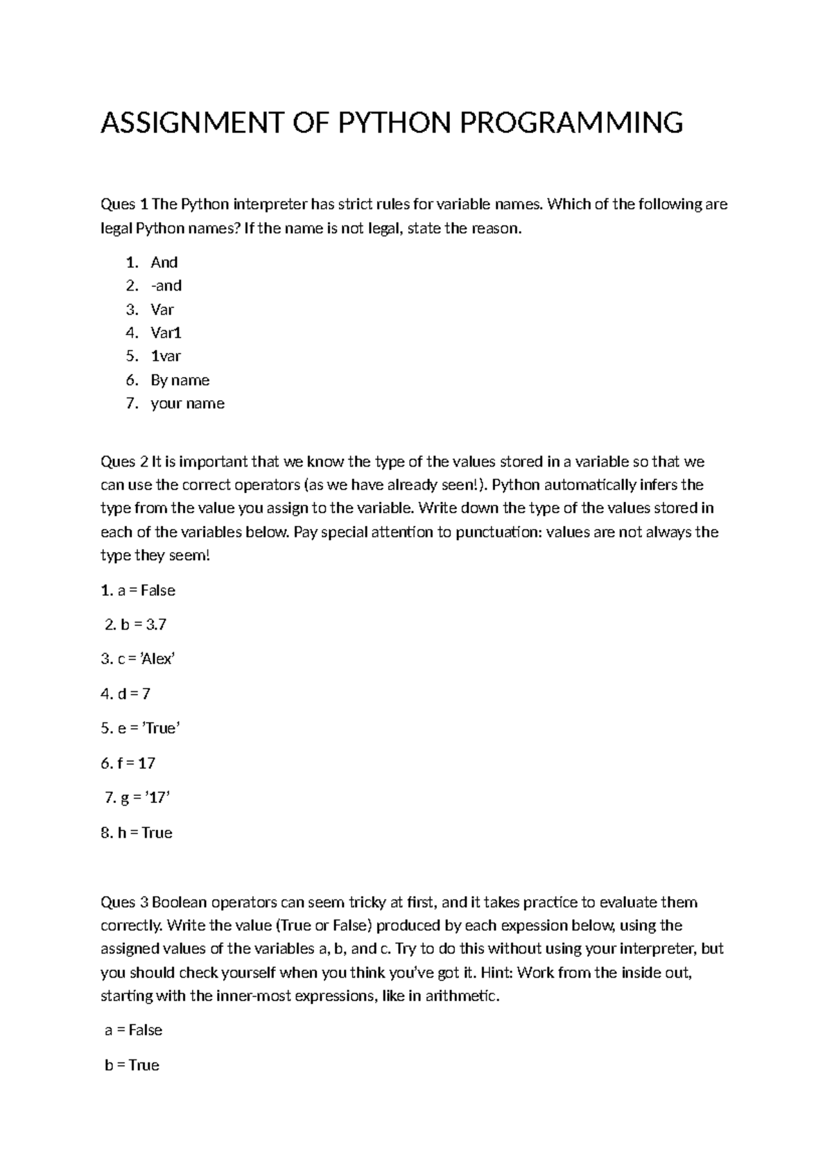Assignment 1: Python Programming Q&A on Variable Names and Types - Studocu
