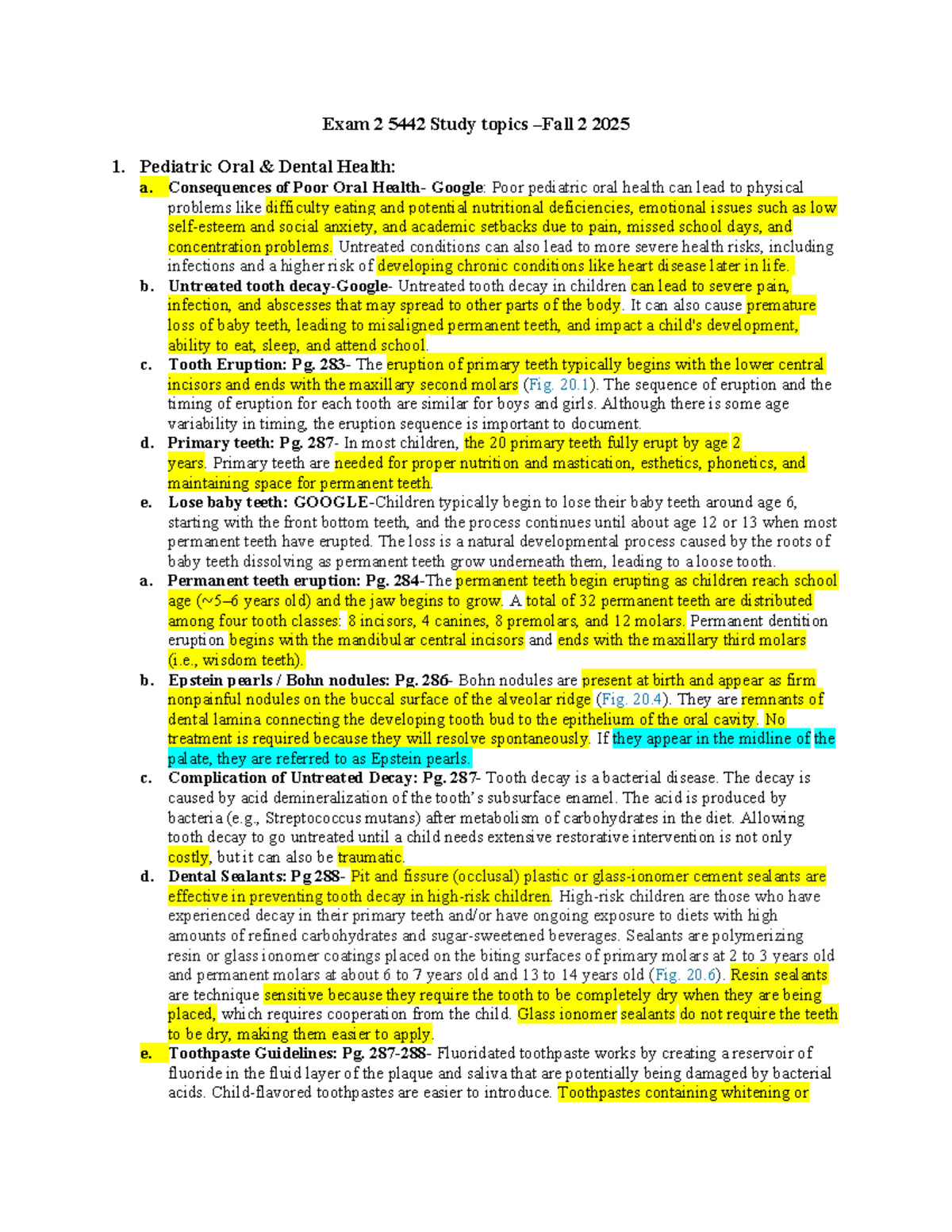 Exam 2 Study Topics 5442: Pediatric Oral Health - Studocu