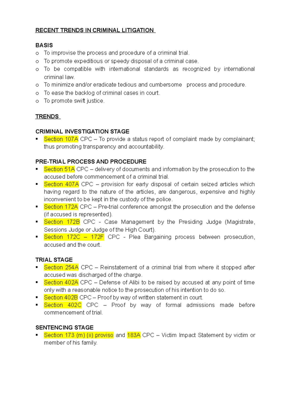 Recent Trends in Criminal Litigation: Examining Key CPC Changes - Studocu