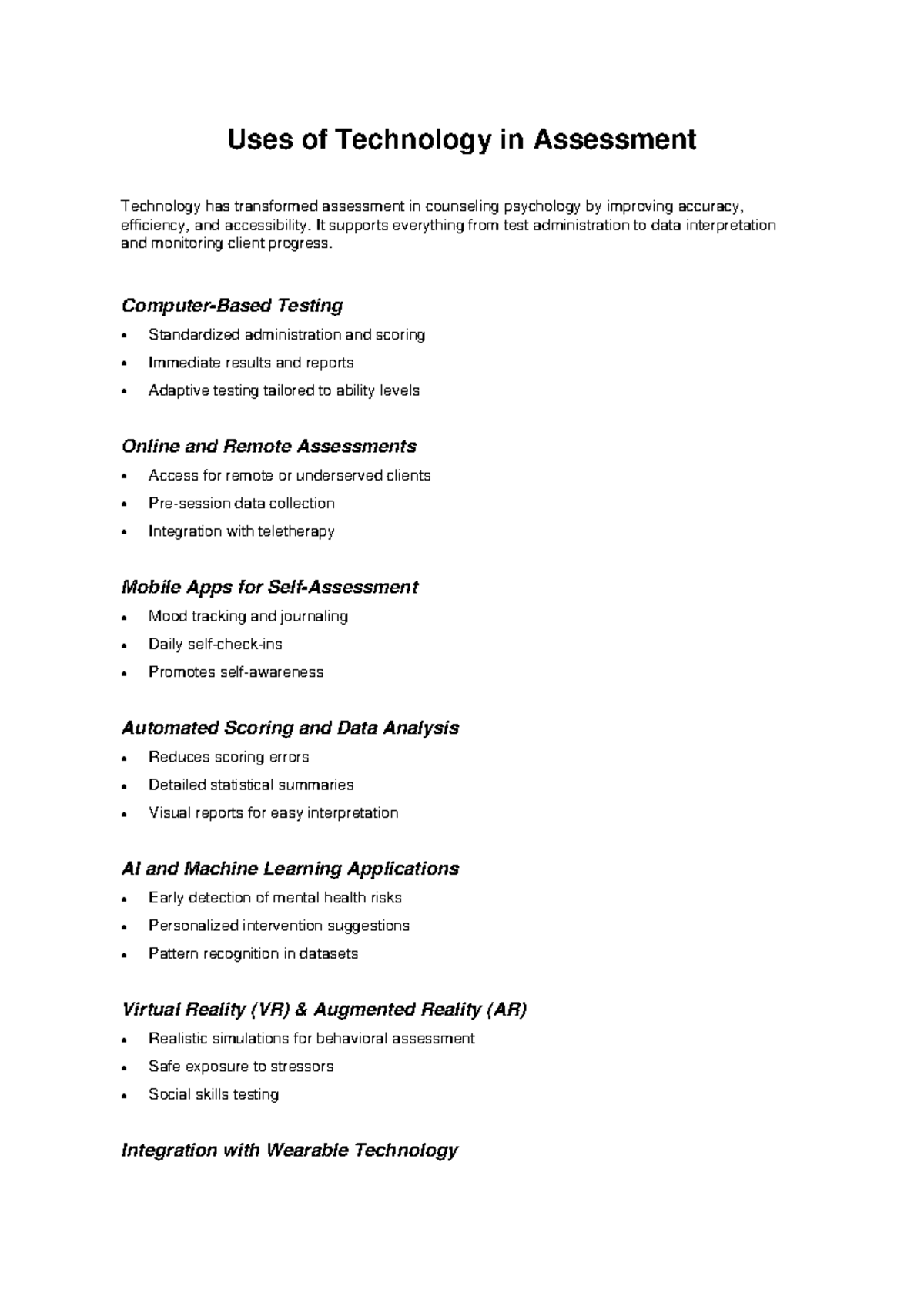 Uses of Technology in Assessment: Enhancing Counseling Psychology - Studocu