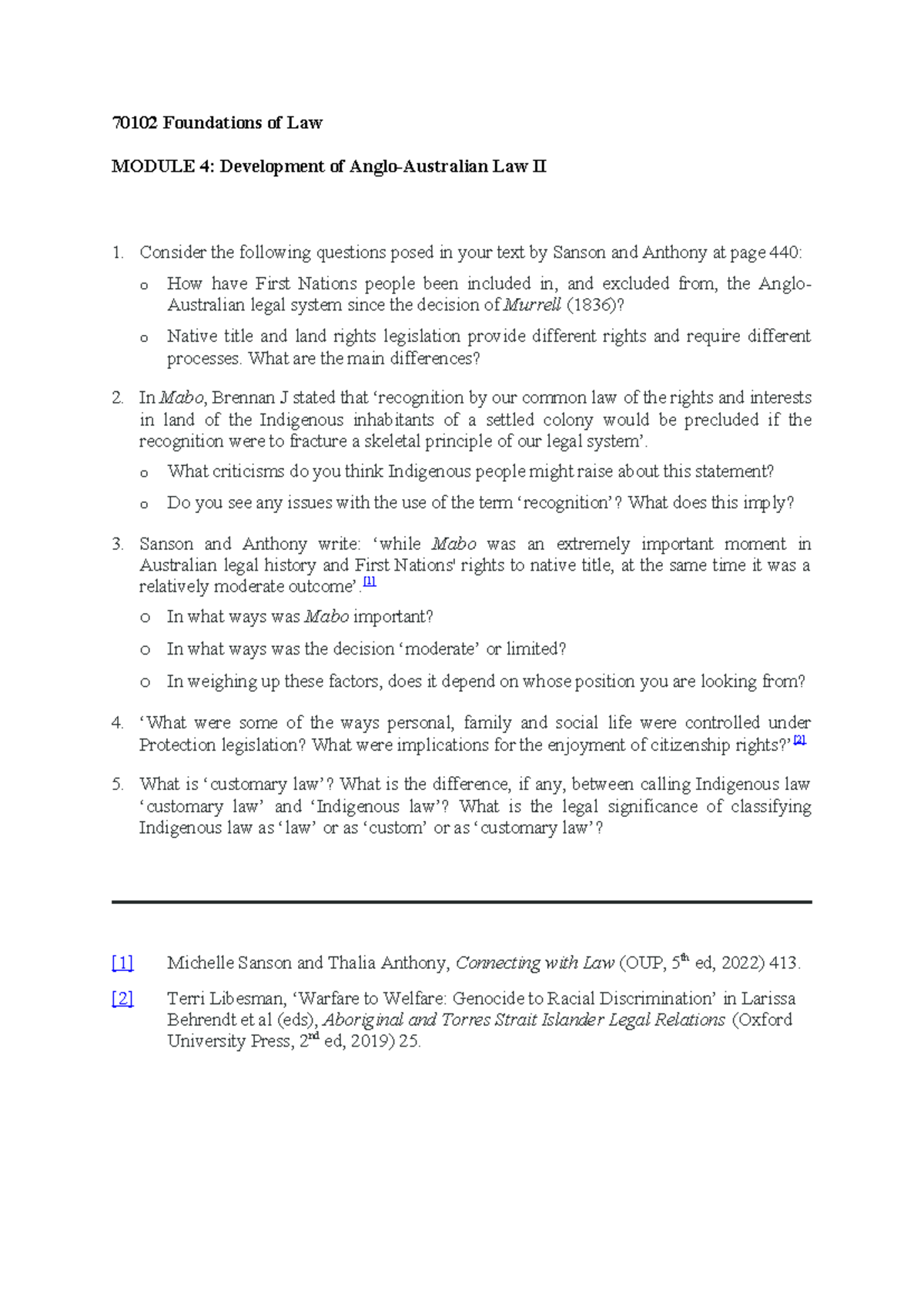 70102 Foundations of Law: Module 4 Discussion Questions on Development ...