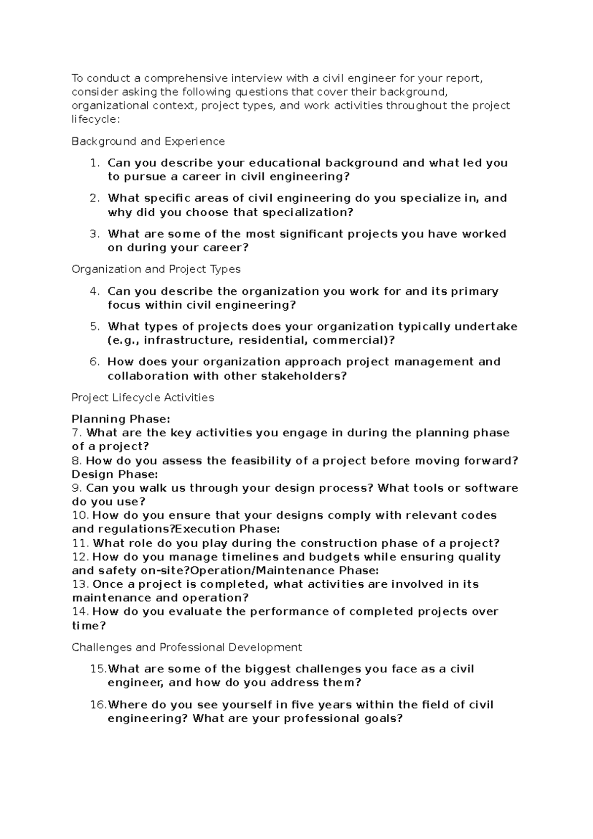 Question - INTEBIEW - To conduct a comprehensive interview with a civil ...
