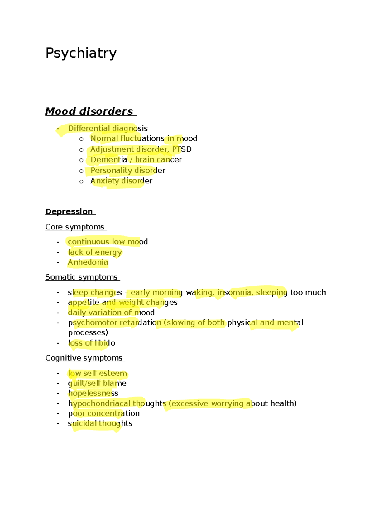 Psychiatry Notes - Summary of Mood Disorders & Treatments - Studocu