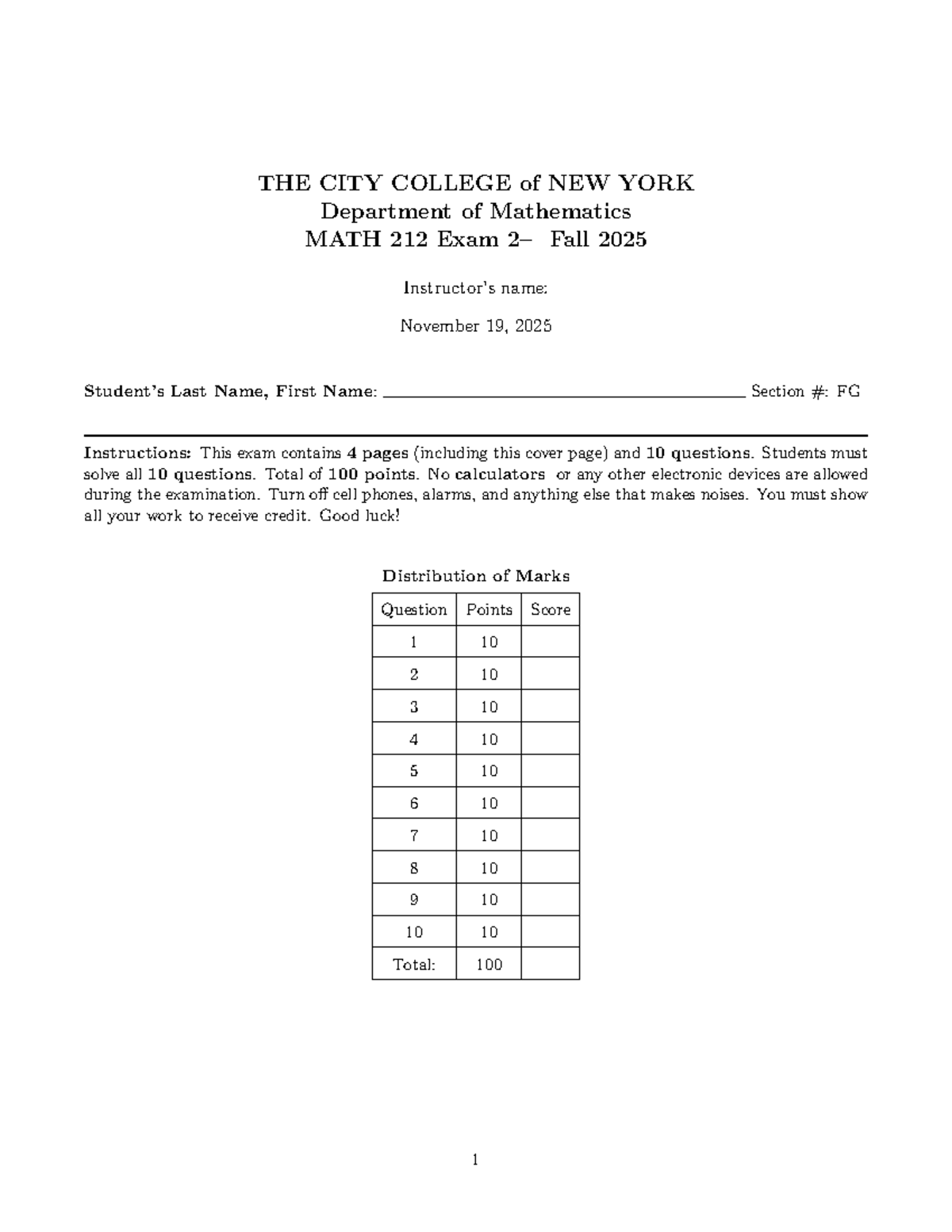 Sample Exam 2 - MATH 212 - Fall 2025 - Studocu