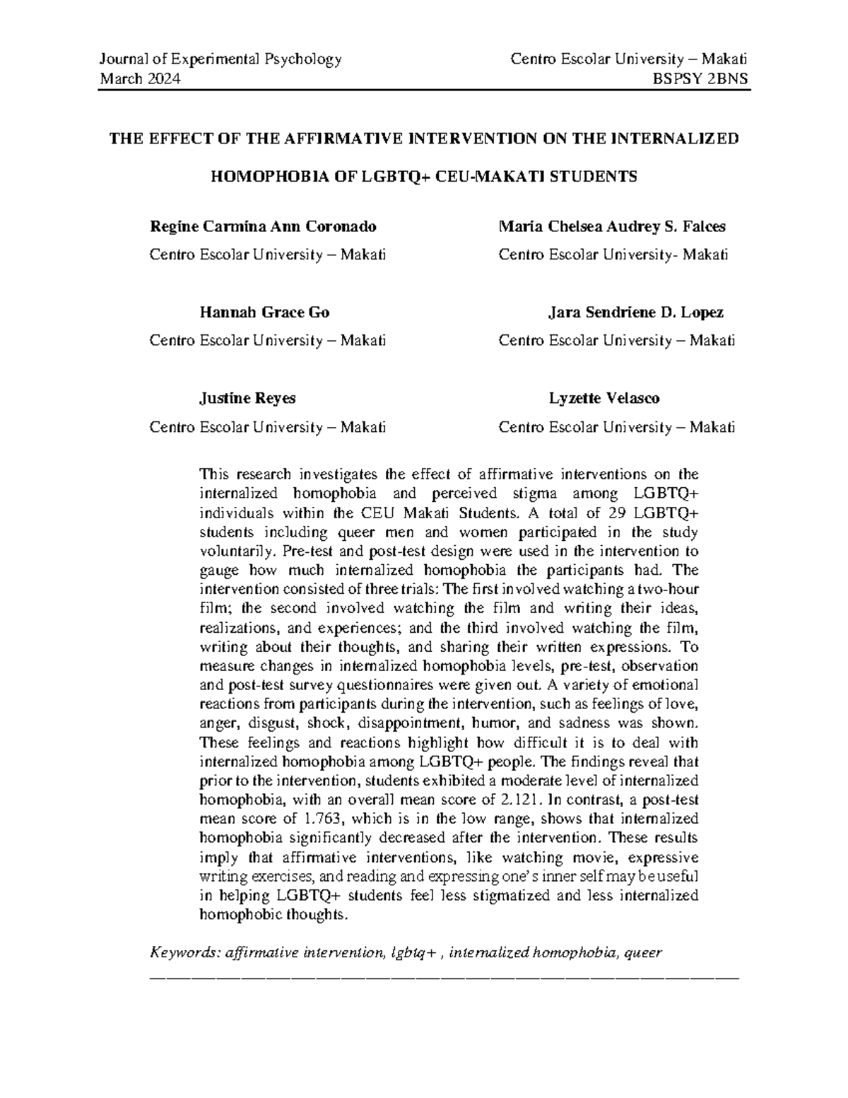 The Effect of Affirmative Intervention on Internalized Homophobia Among ...