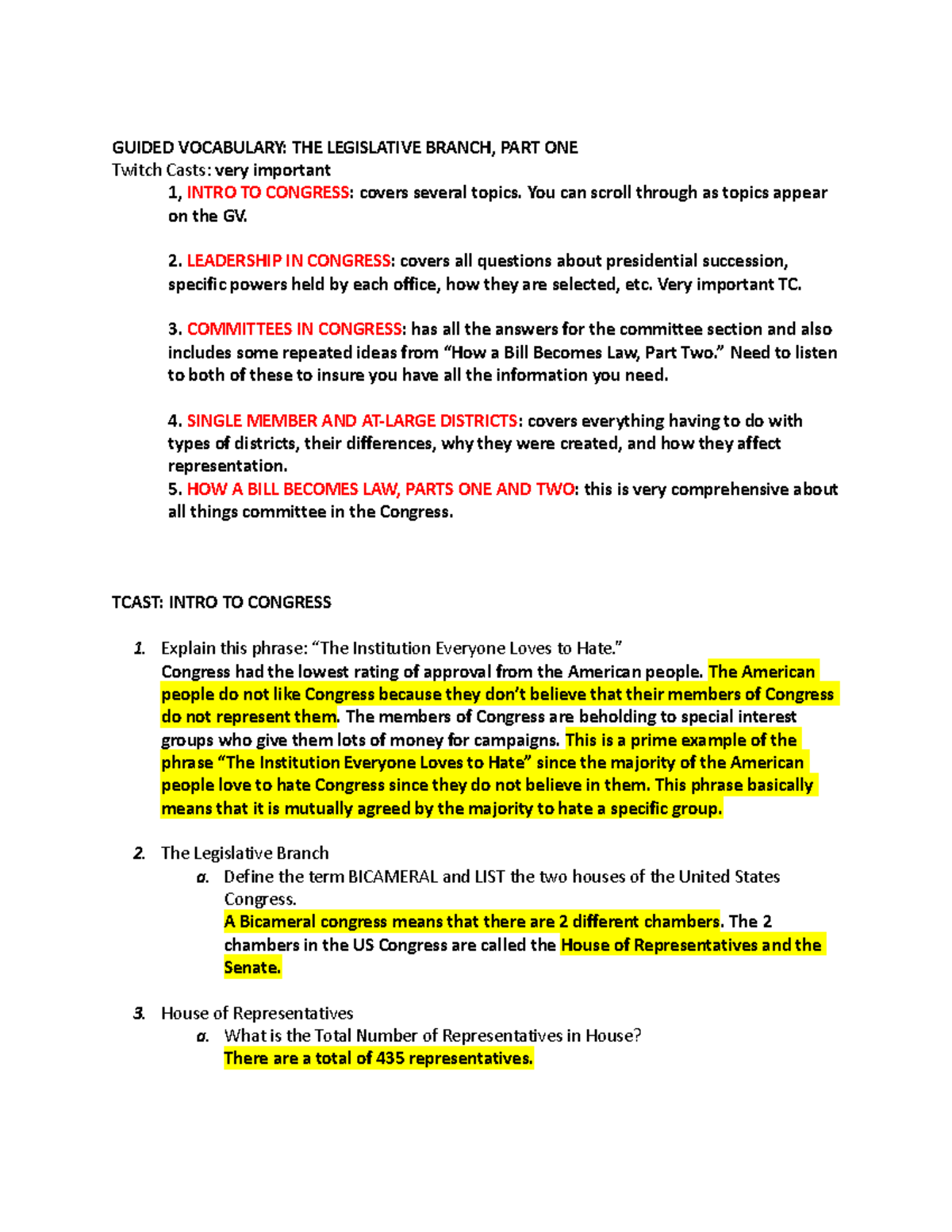 Guided Vocabulary: The Legislative Branch Part One - Studocu