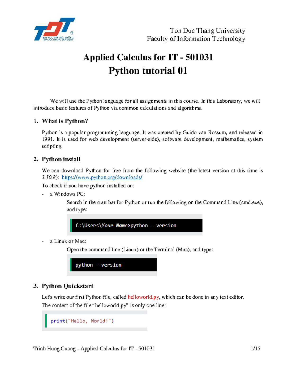 Lab 01: Python Basics for Applied Calculus IT 501031 - Studocu