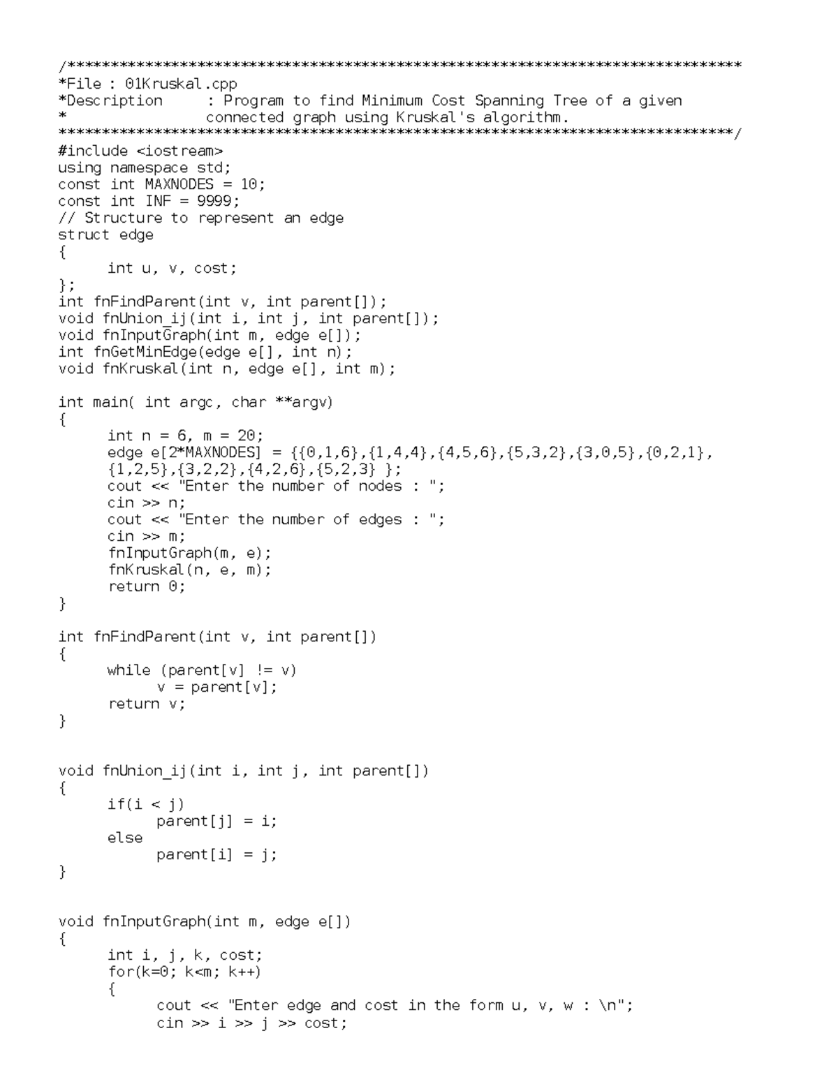 DAA LAB - Kruskal's Algorithm for Minimum Cost Spanning Tree - Studocu