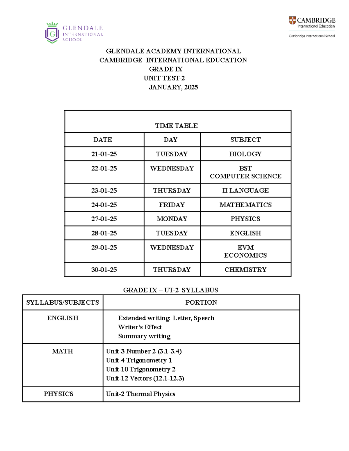 G9 UT-2 Exam Schedule & Syllabus - January 2025 - Studocu