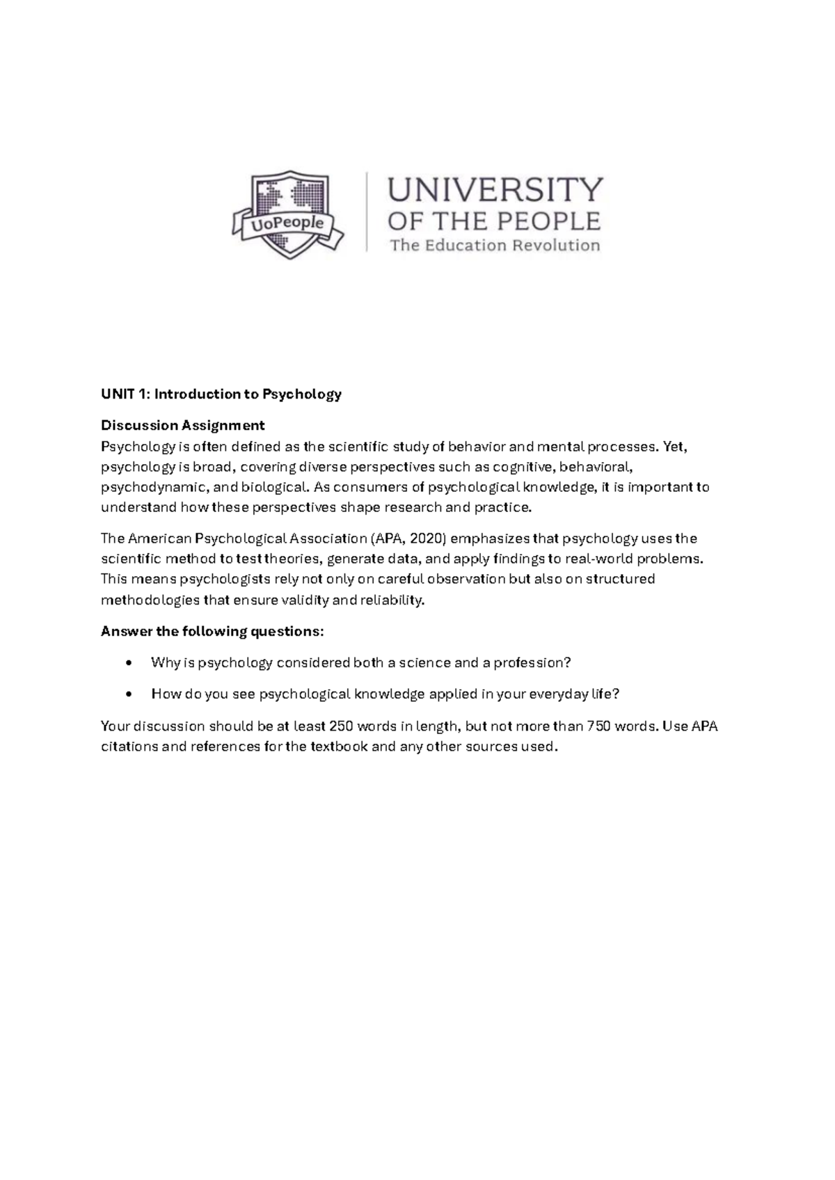 Psychology 101: Unit 1 Discussion Assignment on Perspectives and ...