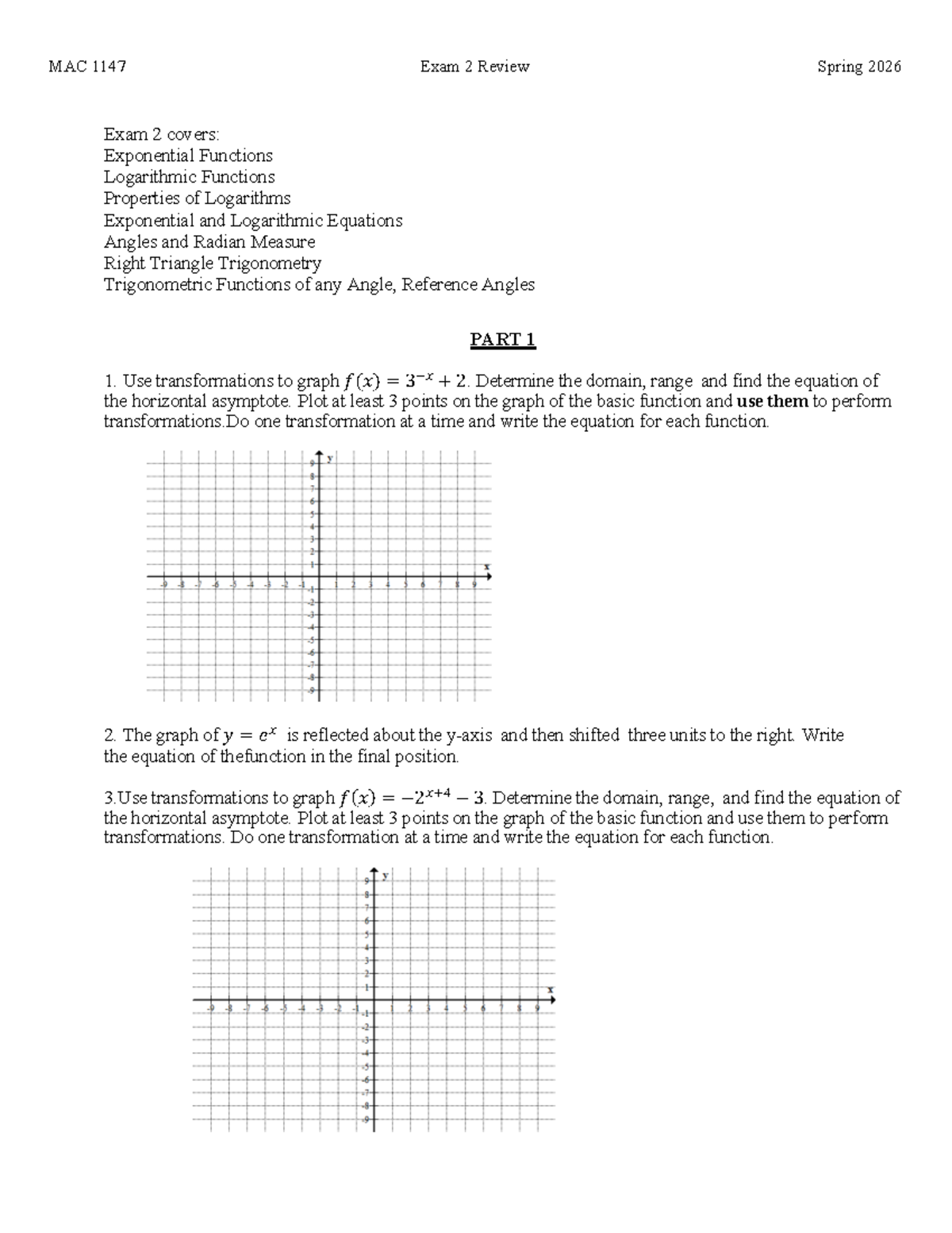 MAC 1147 Exam 2 Review: Exponential & Logarithmic Functions - Studocu