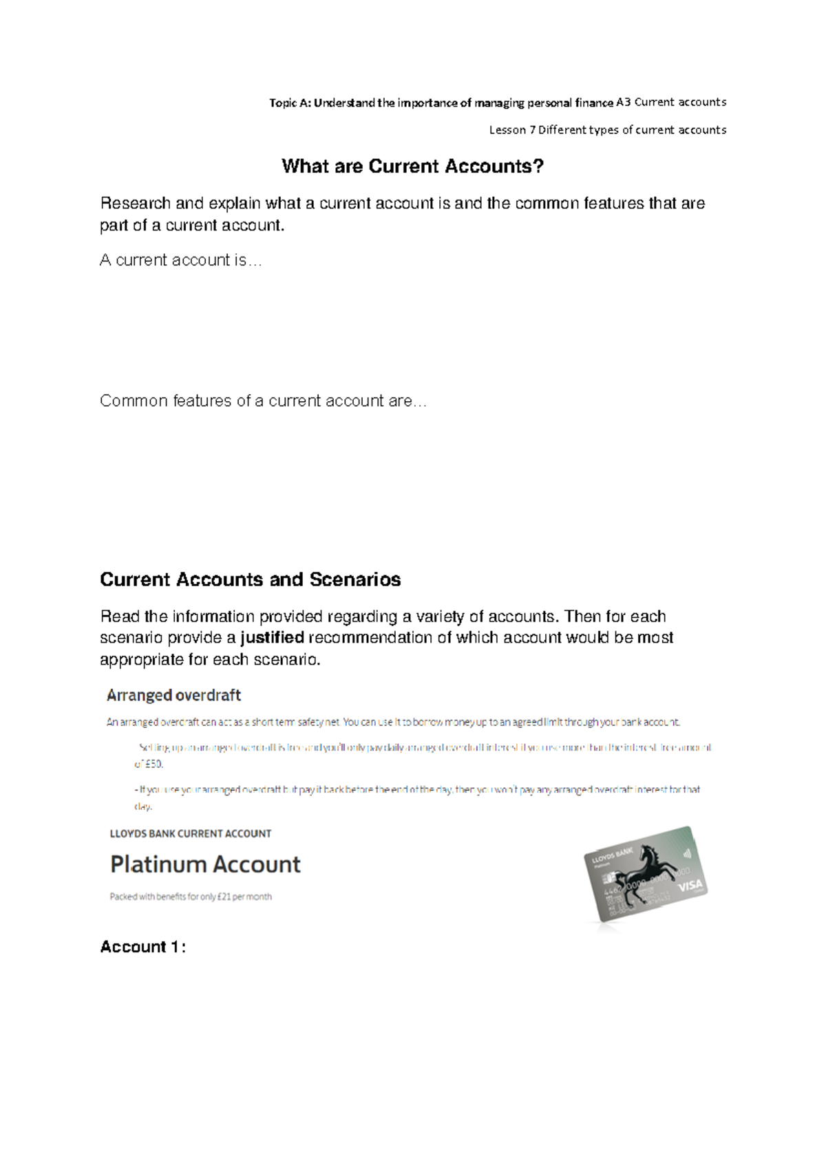 A3 Lesson 8 Current Accounts - Understanding and Assessment Worksheet ...