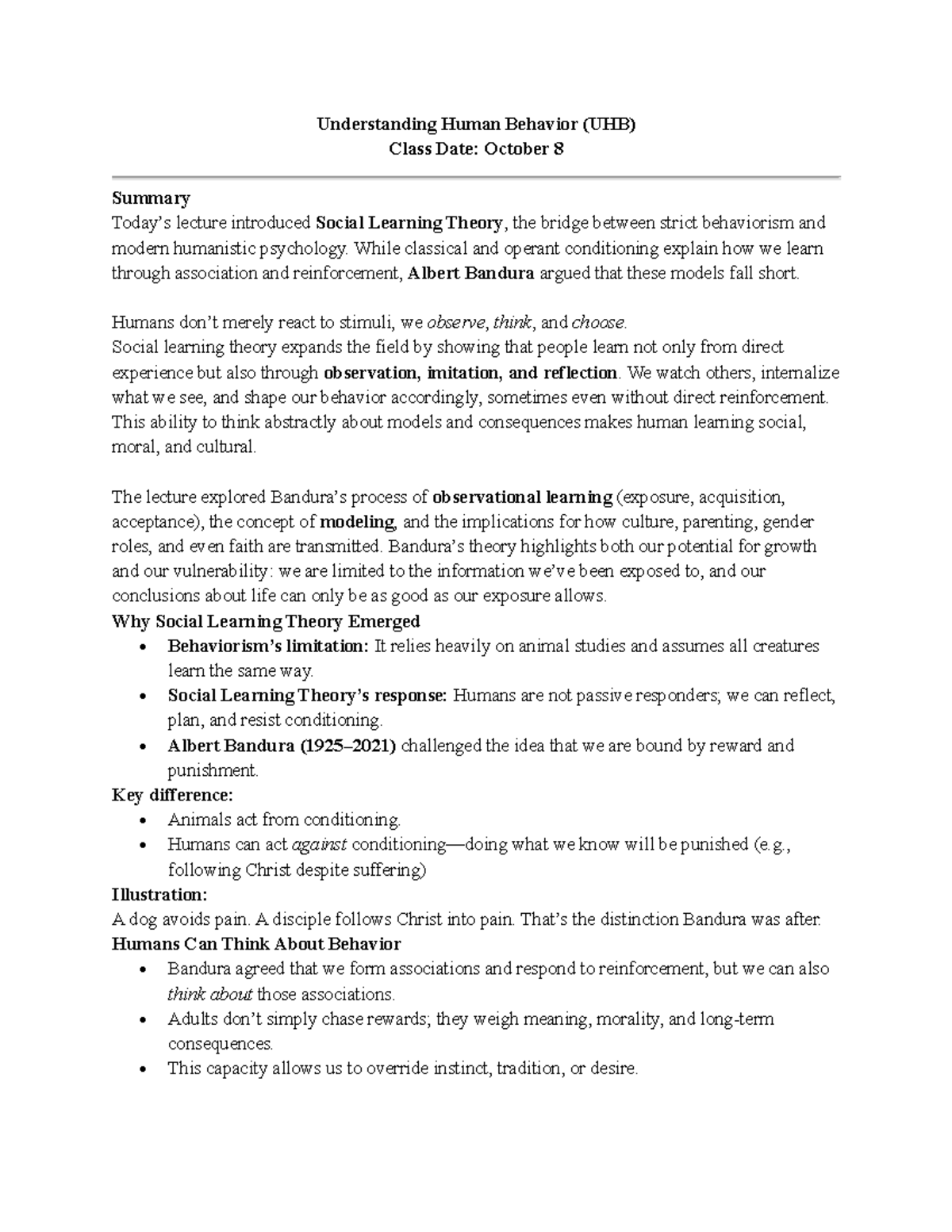 Understanding Social Learning Theory (UHB) Lecture Summary - Studocu