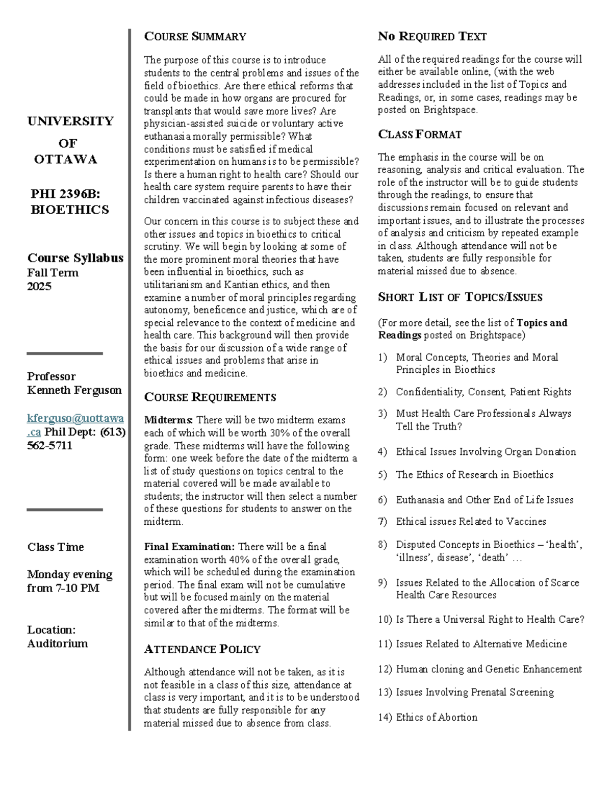 PHI 2396B: Bioethics Course Syllabus - Fall Term 2025 - Studocu