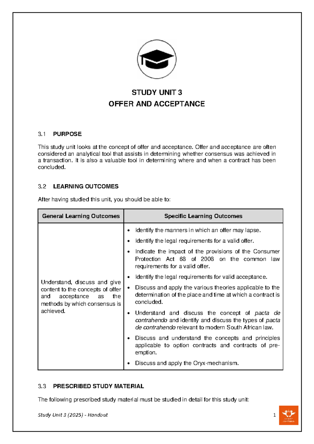 Study Unit 3: Offer and Acceptance in Contract Law (2025) - Studocu