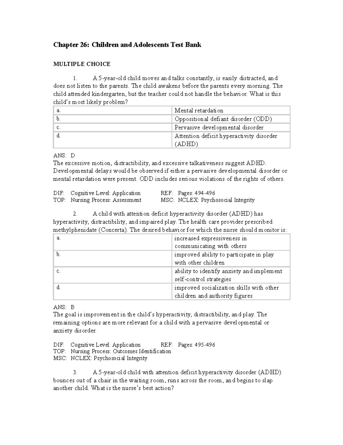 Chapter 26: Test Bank on Children and Adolescents (Psychiatric Nursing ...