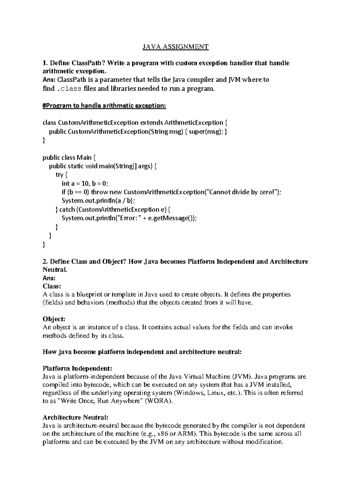 JAVA ASSIGNMENT 1: ClassPath, Custom Exception Handling, and More - Studocu