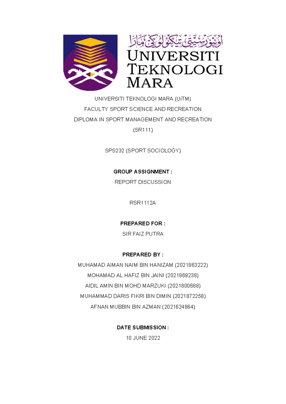 SPS232 Group Assignment Report on Malaysia Athletics Federation - Studocu