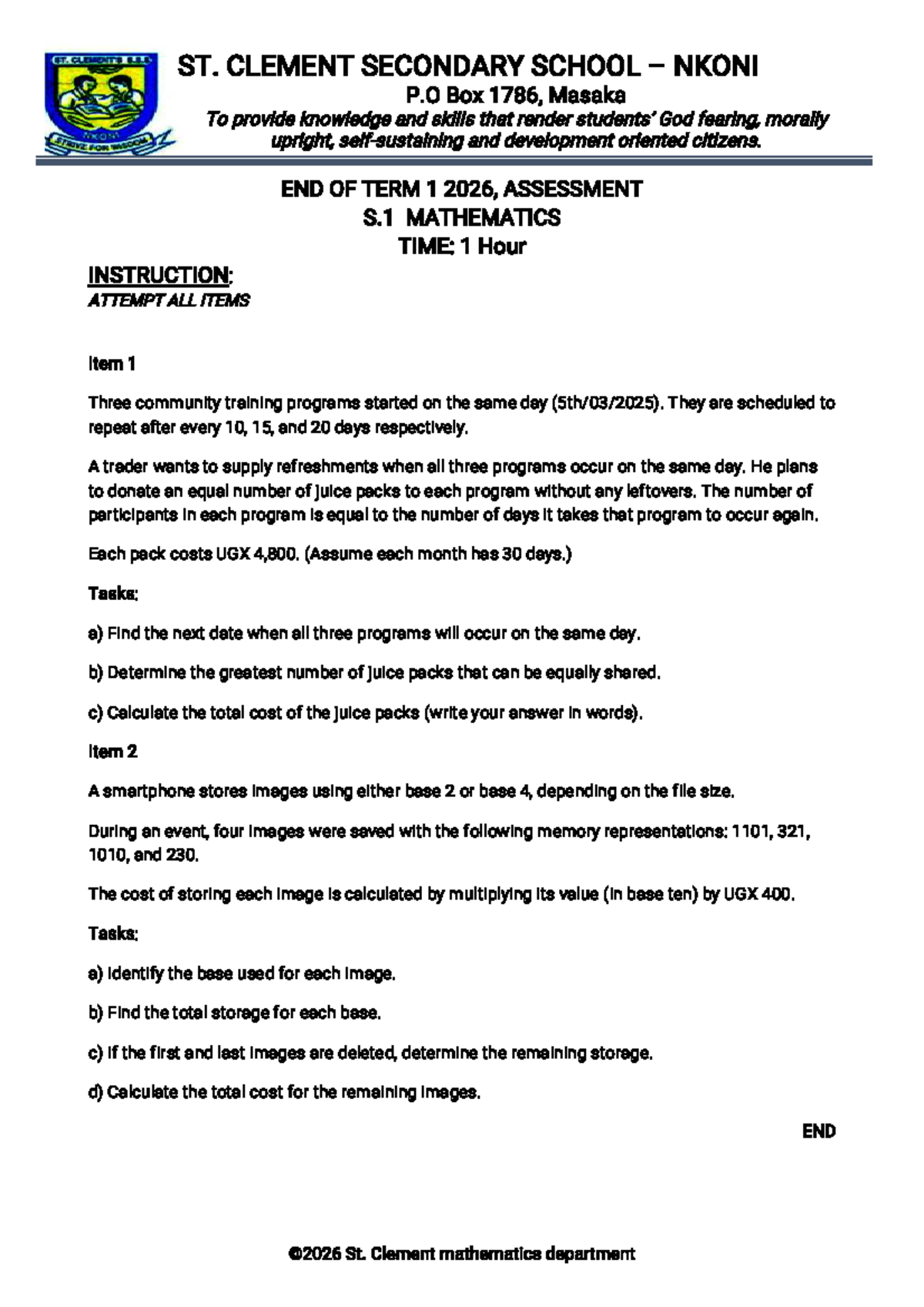 S.1 Mathematics End of Term 1 Assessment - St. Clement School - Studocu