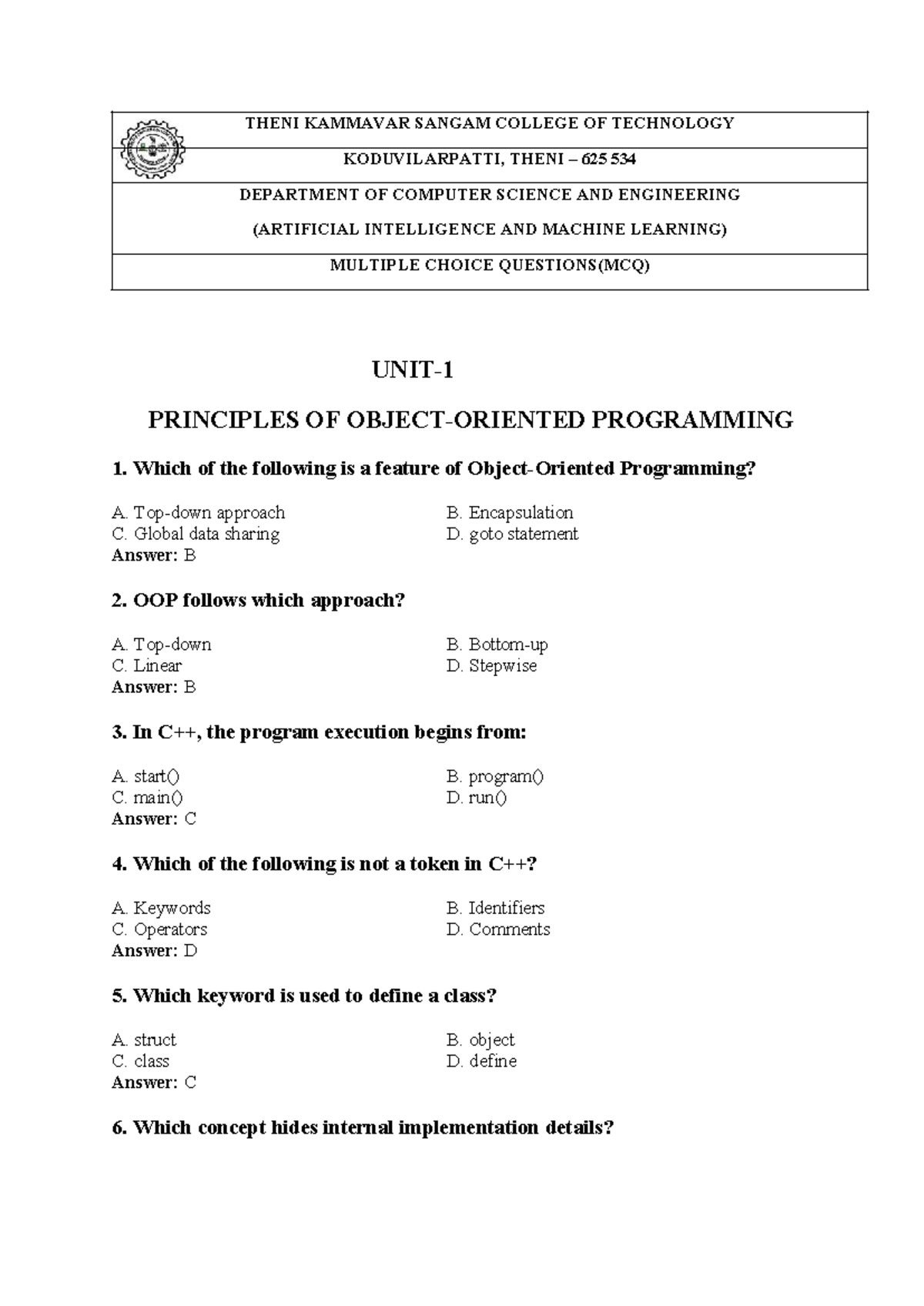 OOP QUIZ - CSE 101: Principles of Programming MCQs - Studocu
