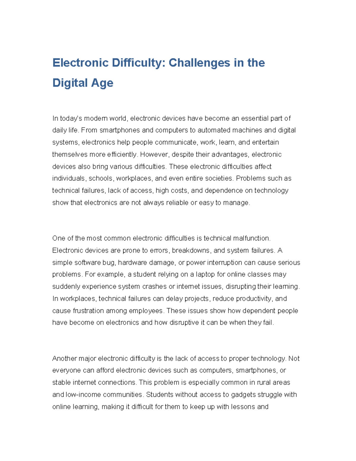 Electronic Difficulty Essay: Challenges in the Digital Age - Studocu