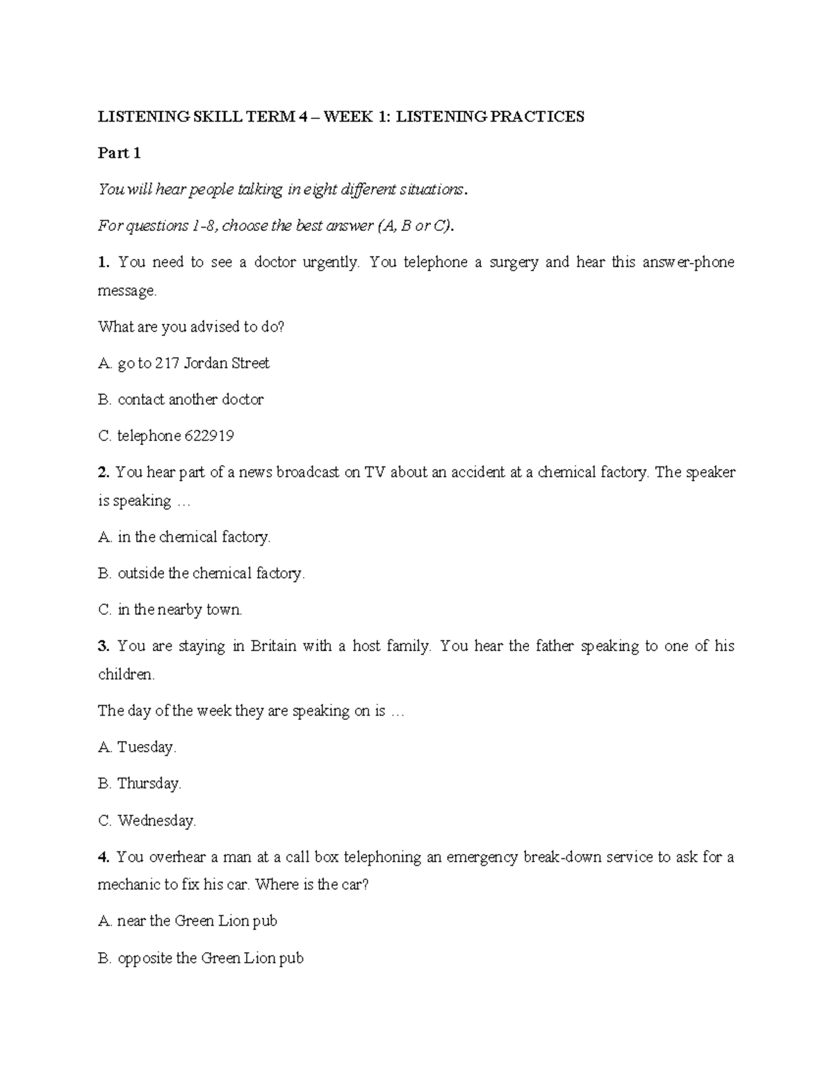 W1 Listening Skills - Week 1 Practice Exercises and Questions - Studocu