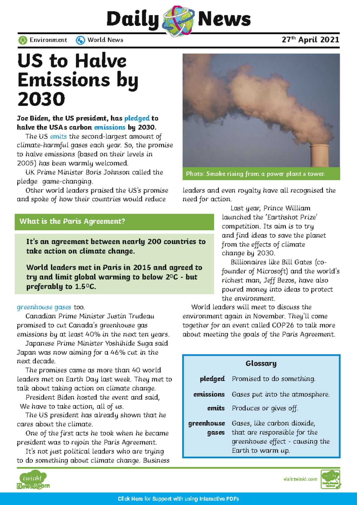 Daily Environment News: US to Halve Emissions by 2030 - UKS2 (9-11 ...