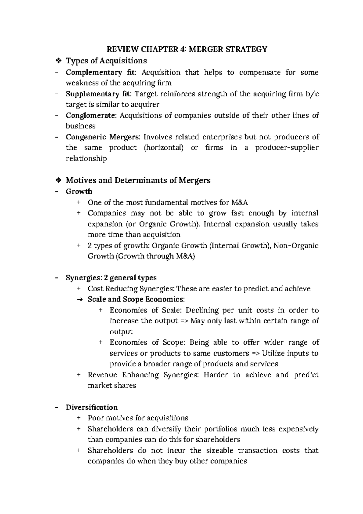 Review of Chapter 4: Merger Strategy Insights and Types - Studocu