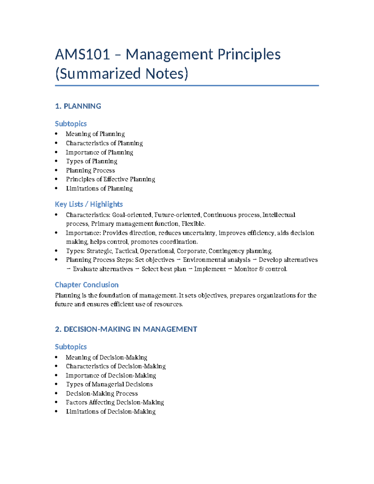 AMS101 Management Principles: Comprehensive Summarized Notes - Studocu