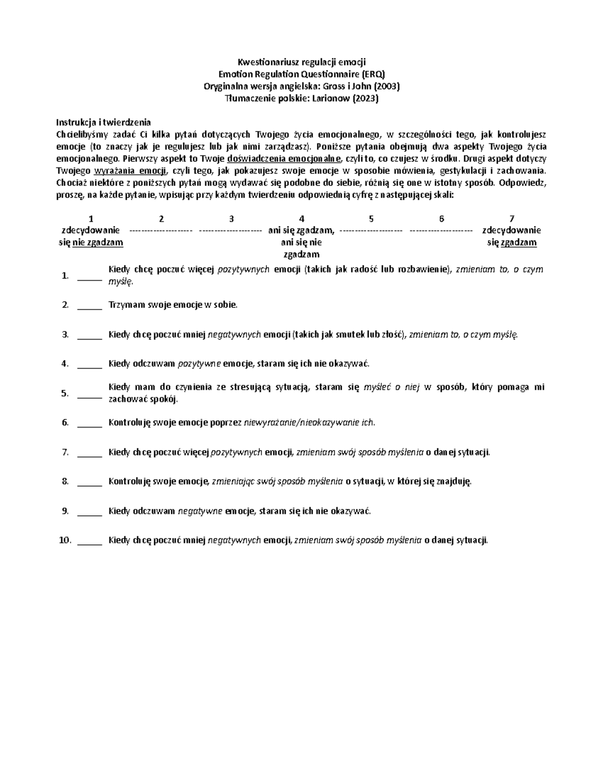 ERQ (Emotion Regulation Questionnaire) - Polska Wersja Kwestionariusza ...