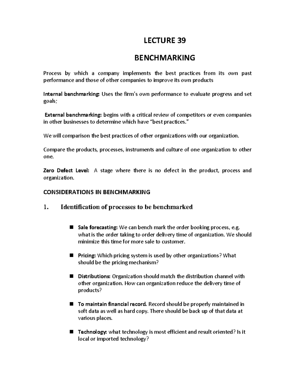LECTURE 39: BENCHMARKING Best Practices for Organizational Improvement ...