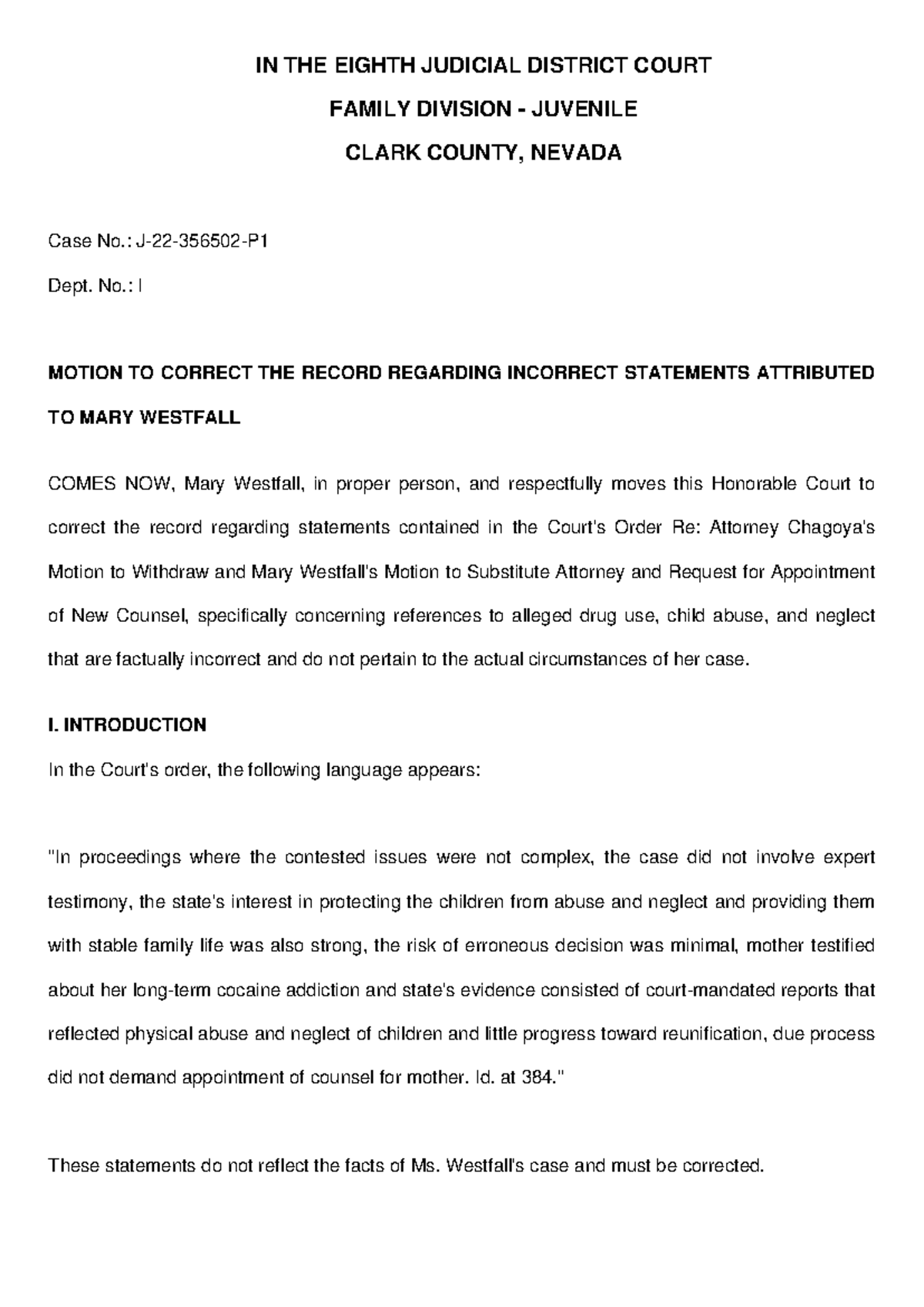 Motion to Correct Record - IN THE EIGHTH JUDICIAL DISTRICT COURT FAMILY ...