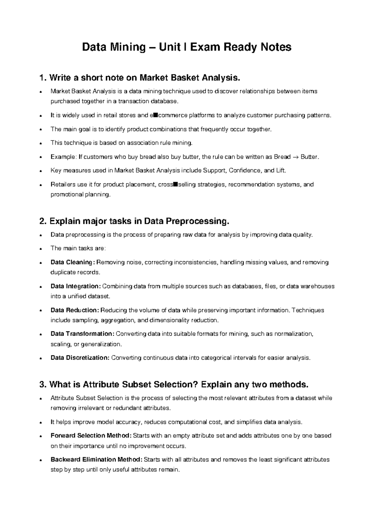 Data Mining Unit I Exam Notes: Key Concepts & Techniques - Studocu