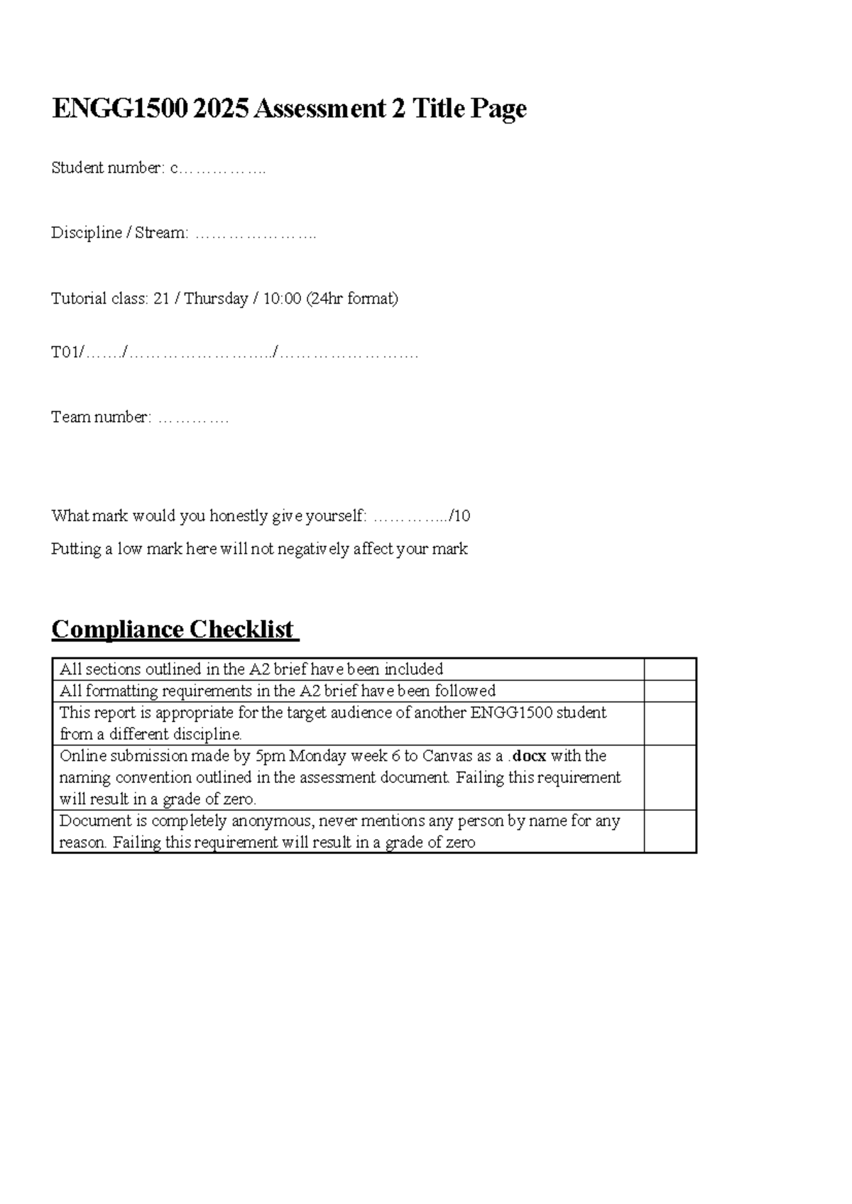 ENGG1500 2025 Assessment 2 Title Page and Compliance Checklist - Studocu