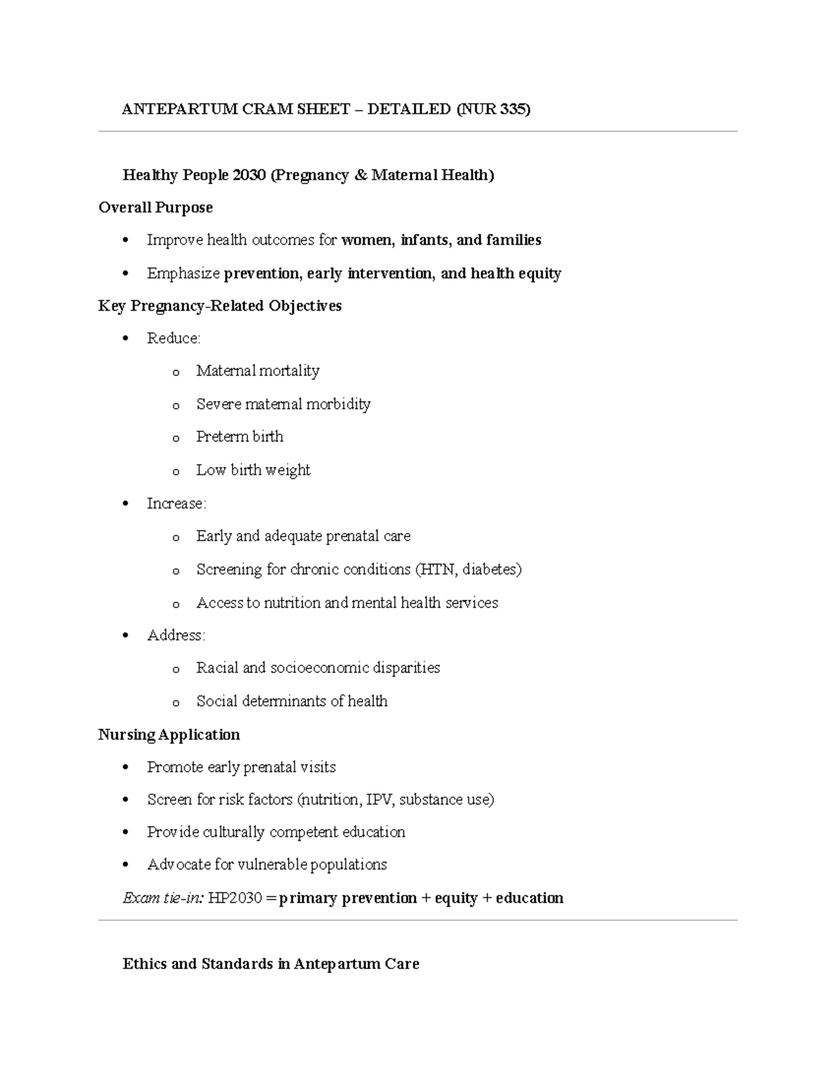 NUR 335 Antepartum Cram Sheet for Healthy People 2030 Exam - Studocu