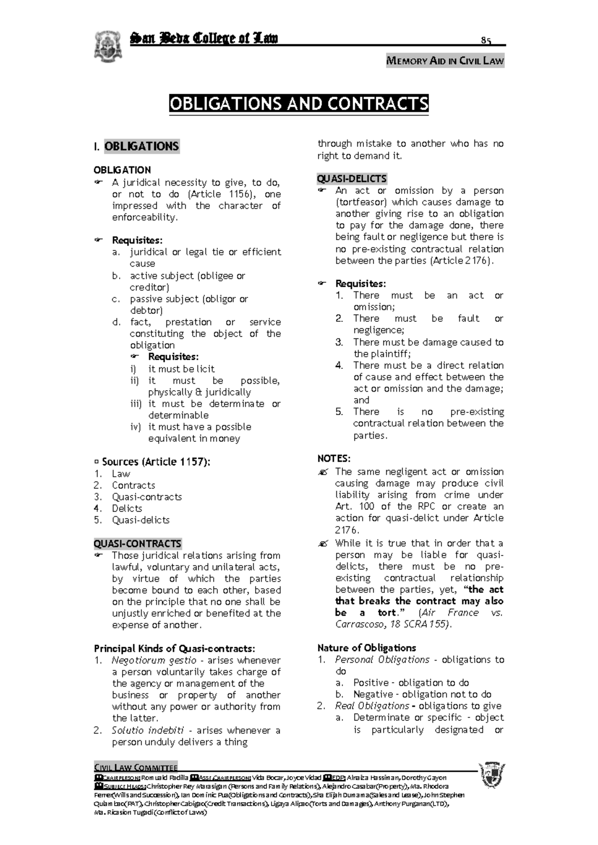 Memory Aid: OBLIGATIONS & CONTRACTS - Civil Law Essentials - Studocu