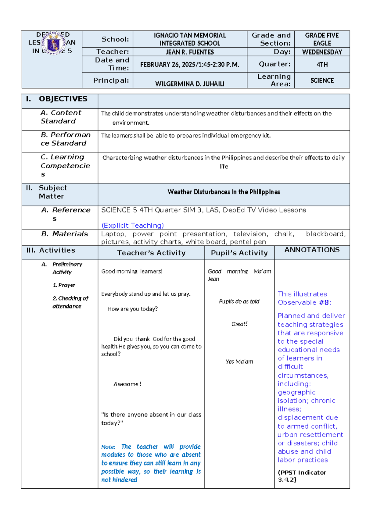 Grade 5 Science Lesson Plan: Weather Disturbances (4th Quarter) - Studocu