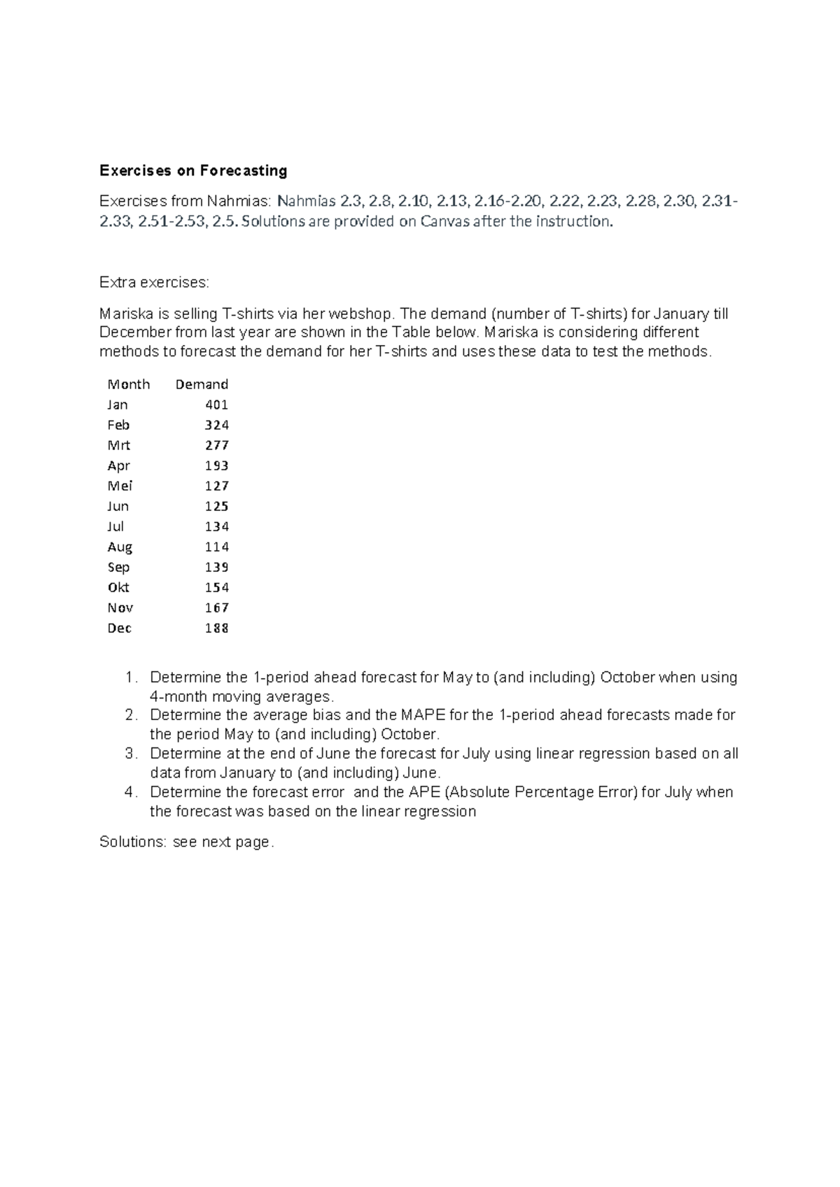 Forecasting Exercises & Solutions (Econ 101) - Demand Analysis ...
