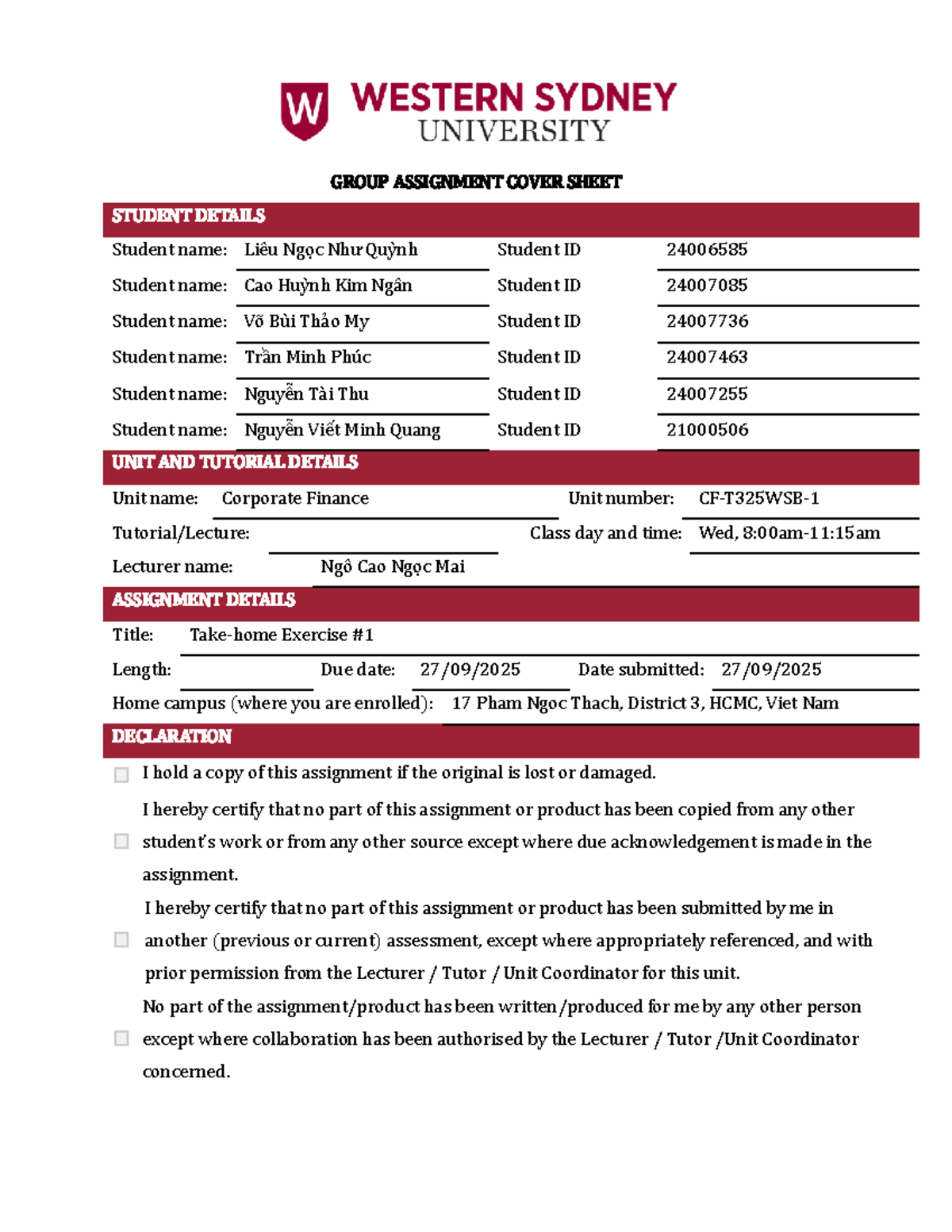 CF1 Group 5 Corporate Finance Assignment Cover Sheet - Studocu