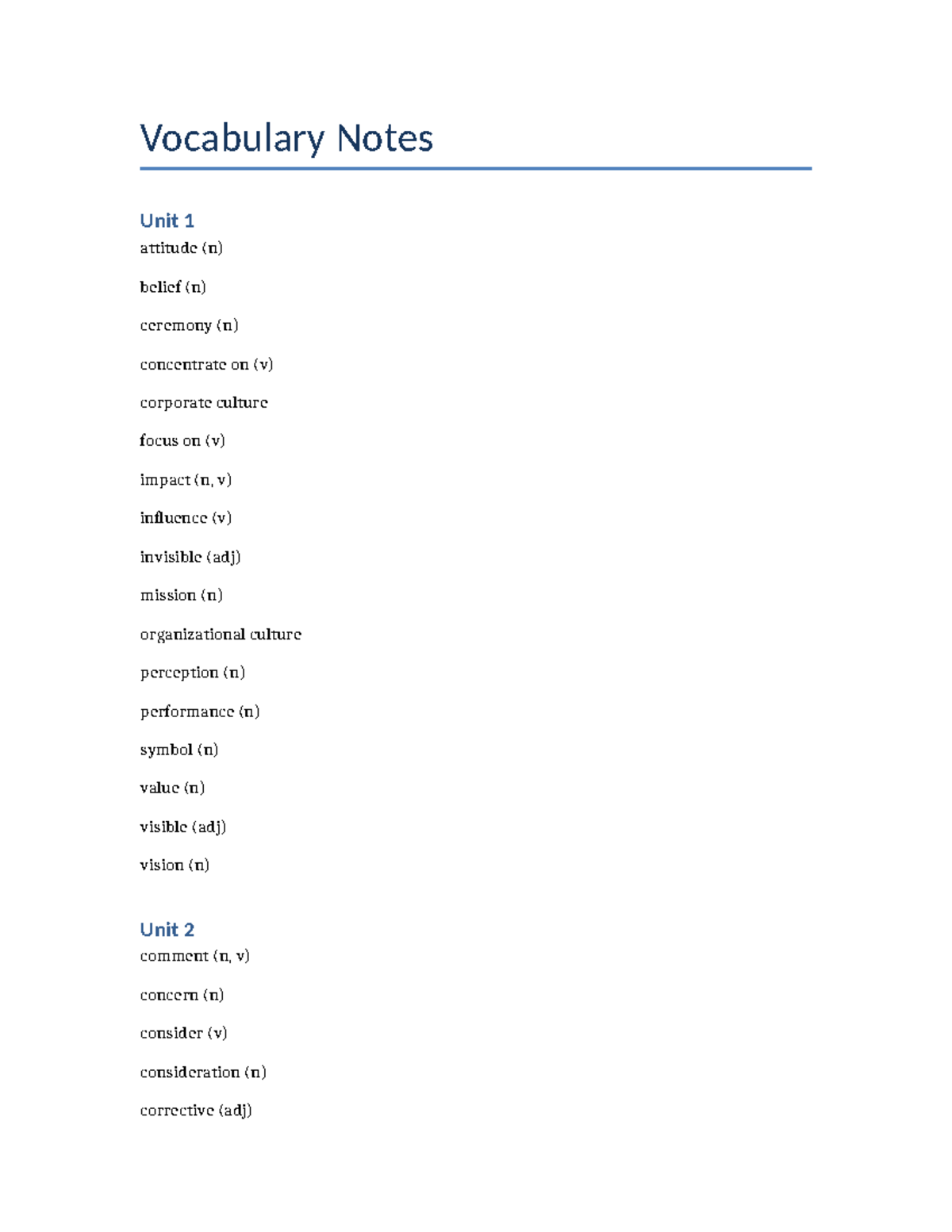 Vocabulary Notes: Units 1-4 Overview for Exam Prep - Studocu
