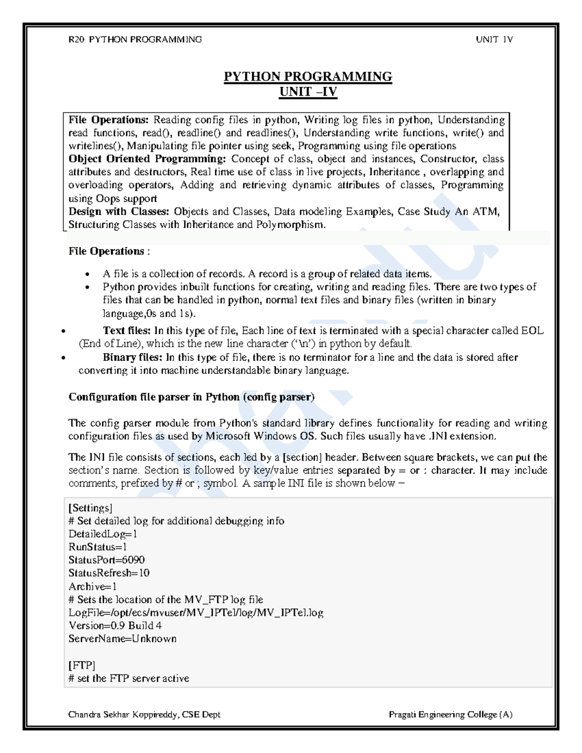 R20 PYTHON PROGRAMMING UNIT IV: File Operations & OOP Concepts - Studocu