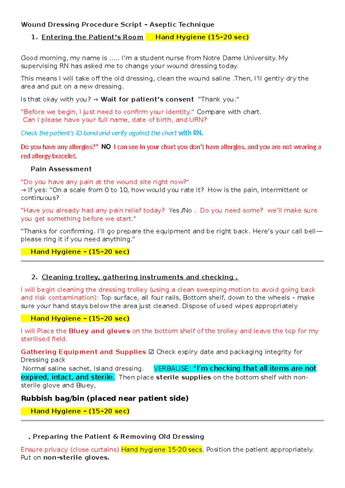 Wound Dressing Procedure Script: Aseptic Technique CSE Guide - Studocu